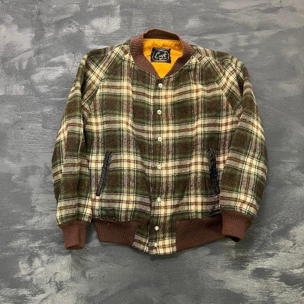 Vintage Craft Plaid Bomber Jacket Mens Small Green 1960s Wool